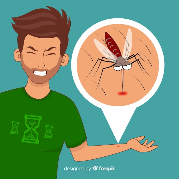 Gratis vector mosquito bijt een persoon met een plat ontwerp