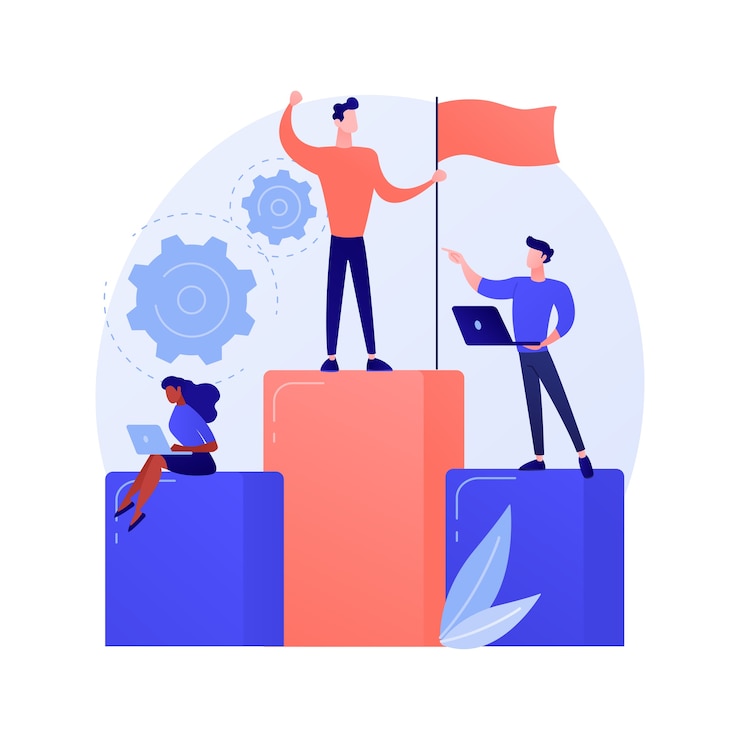 Gratis Vector motivatie van zakelijk leiderschap. bedrijfsbeheer, doelen stellen, succes behalen. ambitieuze baas, topmanager die de prestaties van medewerkers controleert.