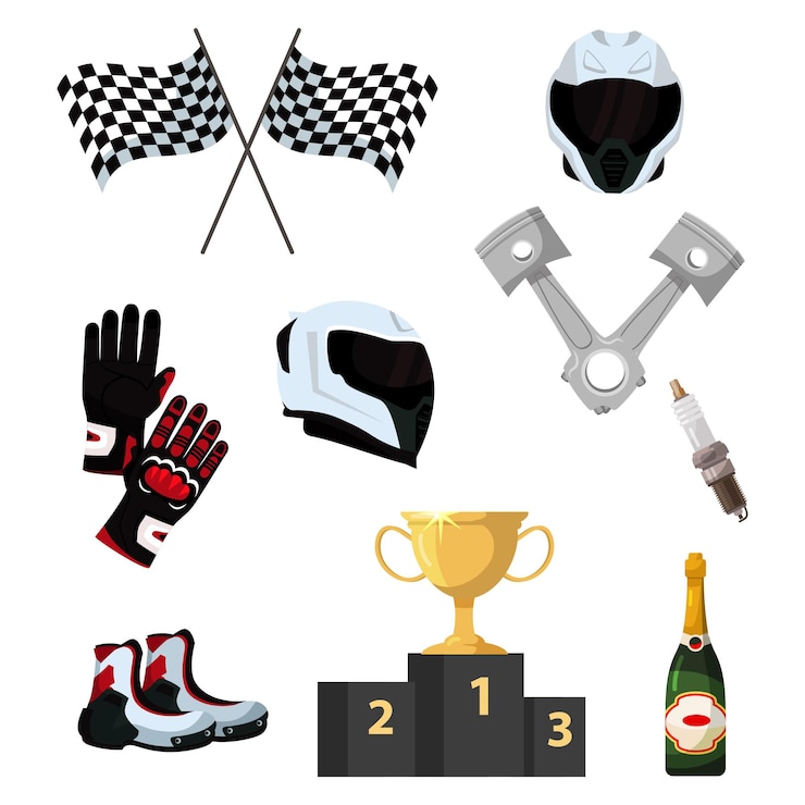 Gratis Vector motor snelheid racer sport accessoire geïsoleerde set twee gekruiste geblokte vlag paar handschoen en laars voorkant helm weergave champagne fles verstelbare steeksleutel plug toekenning voetstuk gouden trofee beker