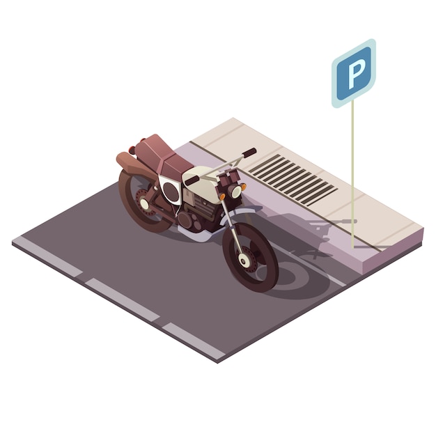 Motorfiets die isometrisch concept met de vectorillustratie van stadsverkeerssymbolen parkeren