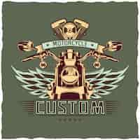Gratis vector motorfiets t-shirt labelontwerp met illustratie van klassieke motorfiets.