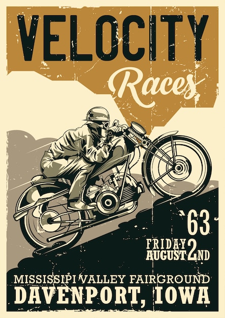 Motorfiets thema vintage posterontwerp met illustratie van fietser rijden op vintage motorfiets