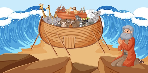 Gratis vector mozes bidt op de ark van noach39 in de gescheiden zee