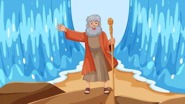 Mozes die de rode zee scheidt een cartoon vectorillustratie