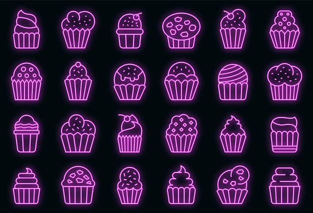 Muffin pictogrammen instellen. overzicht set van muffin vector iconen neon kleur op zwart