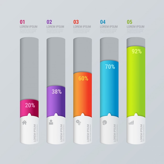 Gratis vector multicolor stappen indicator staafdiagram infographics sjabloon