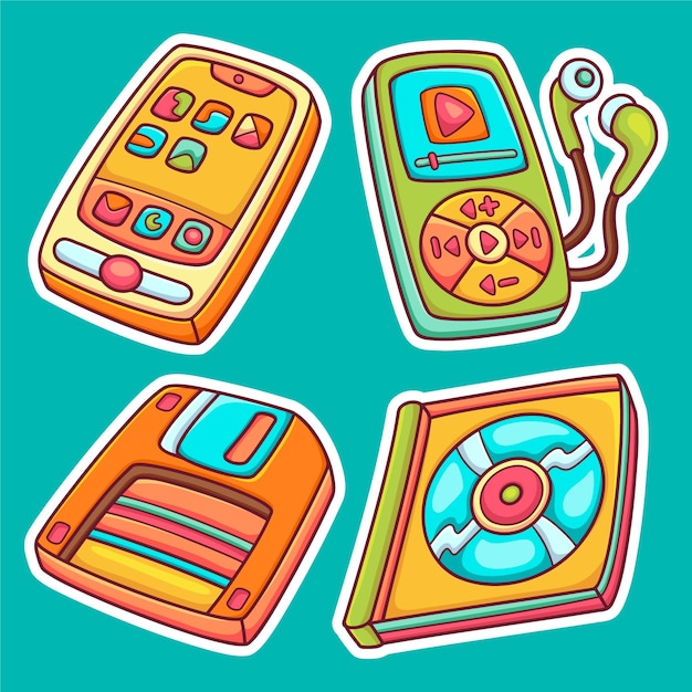 Multimedia sticker pictogrammen handgetekende kleur vector