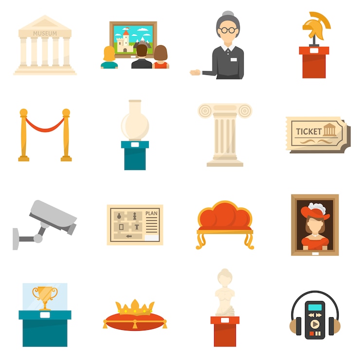 Gratis Vector museum decoratieve vlakke kleuren icons set