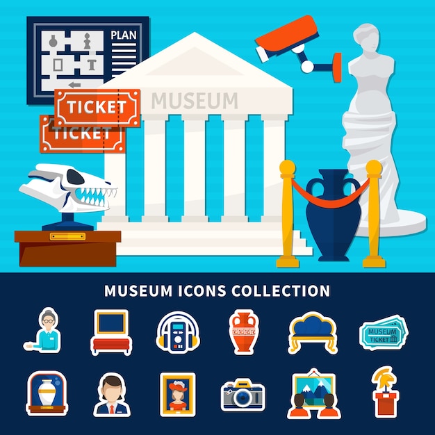 Museum iconen collectie van antieke expositie conciërge ticket kunstwerken museumgebouw met titel en kolommen