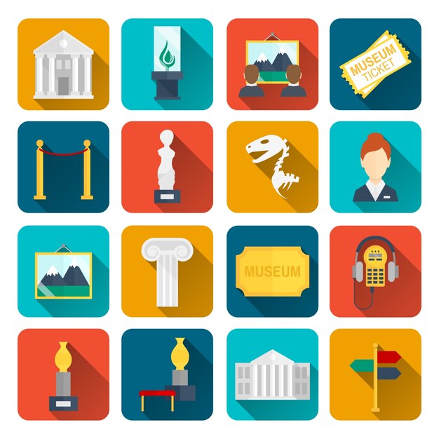 Museum iconen platte set van teken canvas barrière geïsoleerde vector illustratie