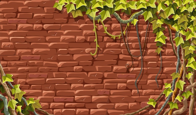 Muur rode baksteen en takken liaan klimop oude armoedige gevel met planten jungle Premium Vector