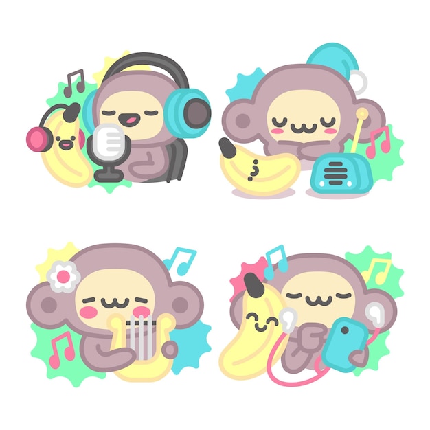 Gratis vector muziek- en dansstickerscollectie met aap en banaan