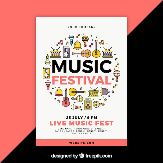 Gratis vector muziek festival poster sjabloon met muziekinstrumenten