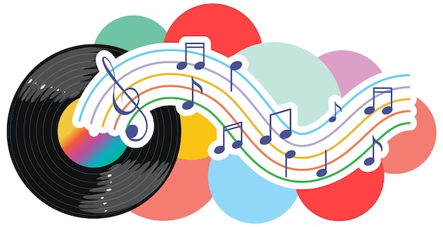 Gratis vector muziek notities regenboog kleurrijk met vinyl record op witte backgro