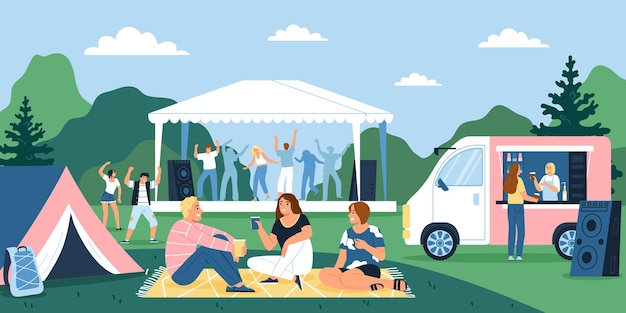 Muziek openluchtfestival met jonge mensen ontspannen en dansen buitenshuis platte vectorillustratie