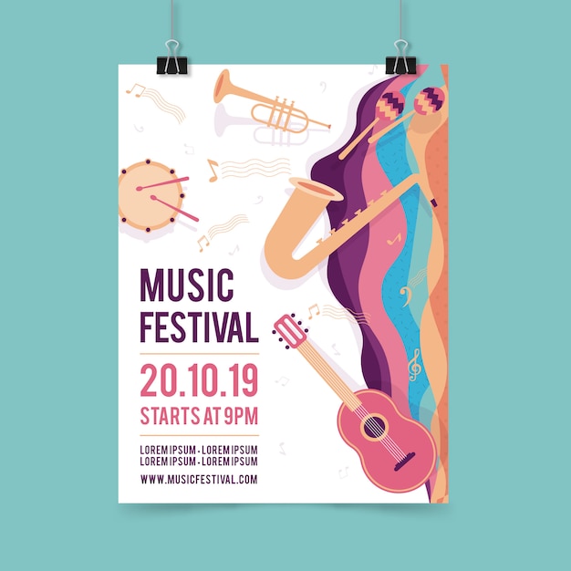 Gratis vector muziek partij poster sjabloon met muziekinstrument