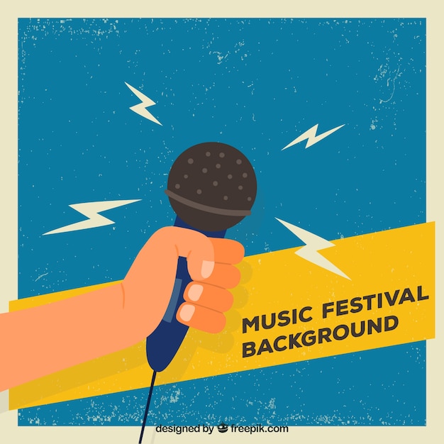 Gratis vector muziekfestival achtergrond met hand met een microfoon