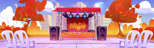 Gratis vector muziekfestival podium in het herfstpark vector cartoon illustratie van het platform met schijnwerpers en luidsprekers stoelen klaar voor het publiek gele bladeren van bomen vliegen in de lucht stad achtergrond