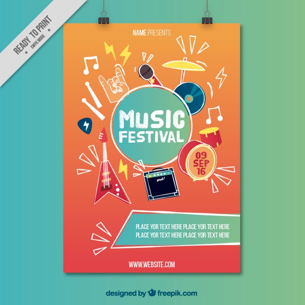 Gratis vector muziekfestival poster met de hand getekende muziekinstrumenten