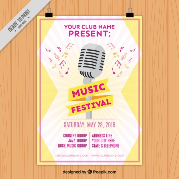 Gratis vector muziekfestival poster met een vintage microfoon