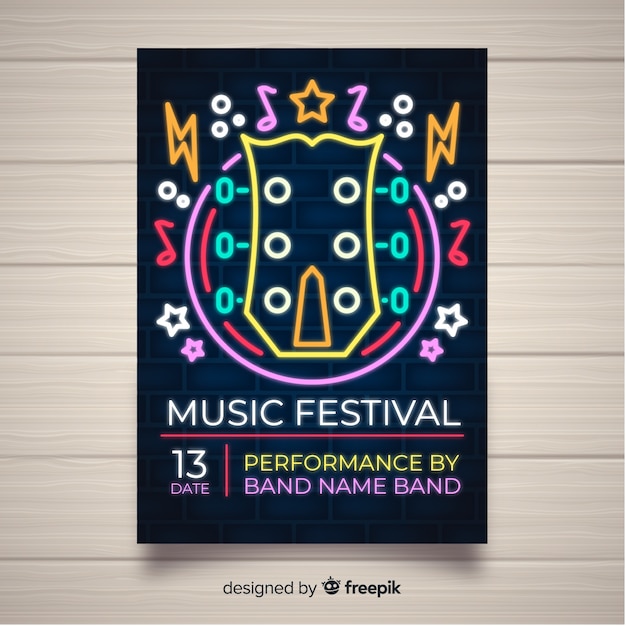 Muziekfestival poster sjabloon neonlichten stijl