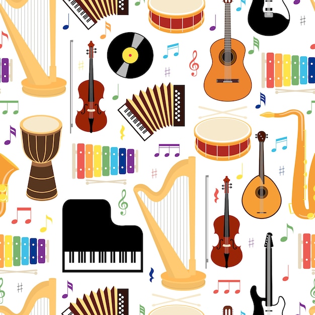 Gratis vector muziekinstrumenten naadloze achtergrondpatroon met gekleurde vector iconen beeltenis van drums mandoline gitaar toetsenbord harp saxofoon xylofoon vinyl record viool en concertina in vierkant formaat