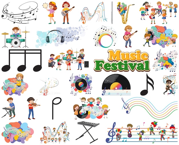 Gratis vector muziekinstrumenten voor kinderen en muzieksymbolen ingesteld