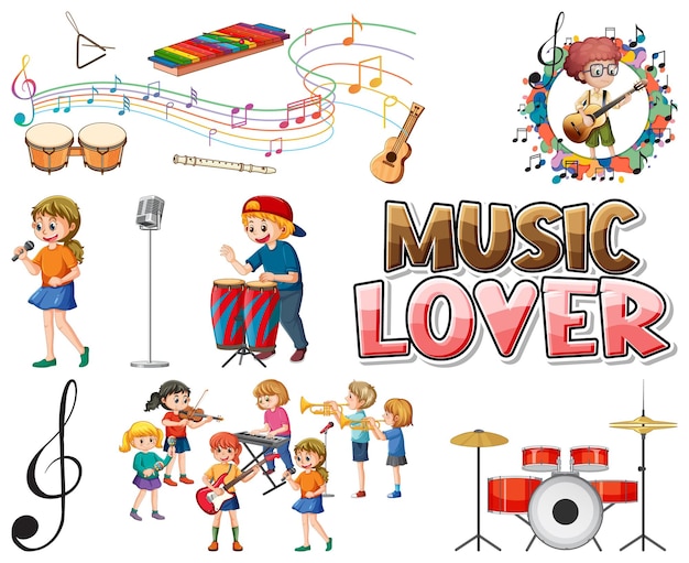 Gratis vector muziekinstrumenten voor kinderen en muzieksymbolen ingesteld