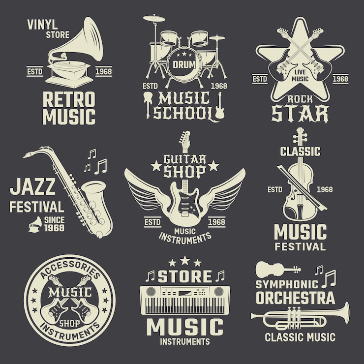 Gratis Vector muziekschool en winkels monochrome emblemen