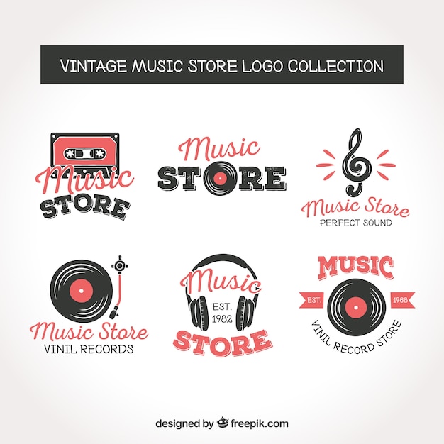 Gratis vector muziekwinkel logo collectie met vintage stijl