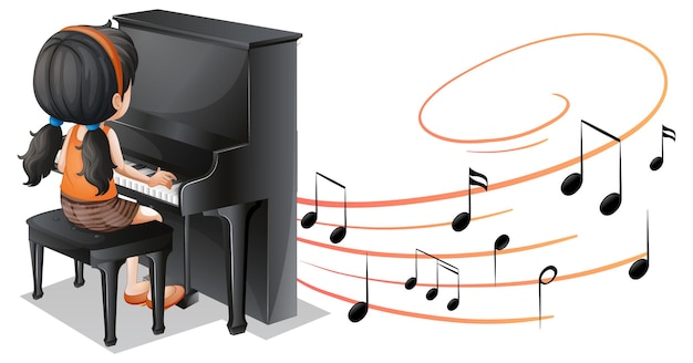 Gratis vector muzikale melodiesymbolen met een geïsoleerd meisje dat piano speelt