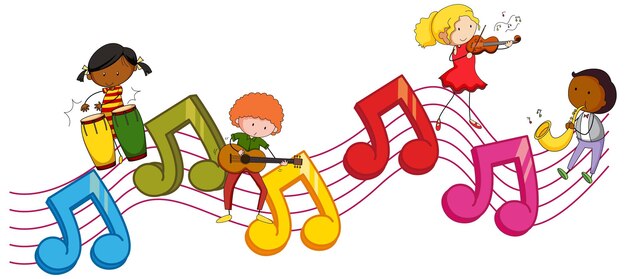 Muzikale melodiesymbolen met veel stripfiguren voor doodle kinderen