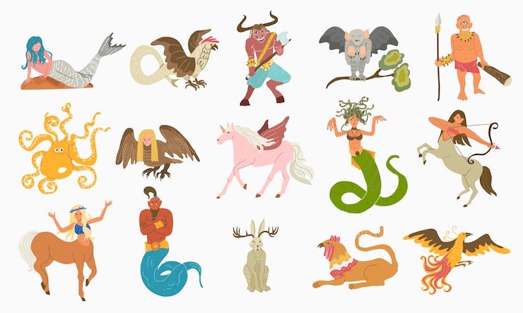Gratis Vector mythische wezens platte set met geïsoleerde doodle stijl beelden van oude sprookjesachtige fantasieën op lege achtergrond vectorillustratie