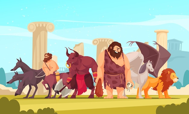 Gratis vector mythologische wezens onder oude griekse tempelruïnes cartoon samenstelling met cyclopen minotaur centaur gevleugelde leeuw vectorillustratie