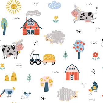 Naadloos kinderachtig patroon met schattige koe schapen boerderij creatieve kindertextuur voor stof