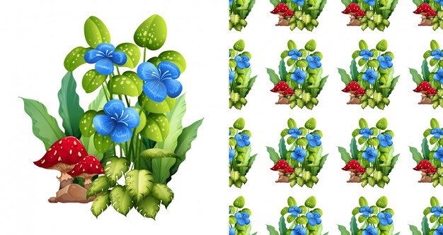 Naadloos ontwerp als achtergrond met blauwe bloemen en paddestoelen