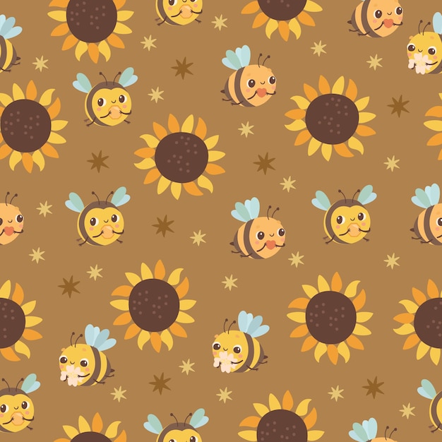 Gratis vector naadloos patroon met bijen en zonnebloemen
