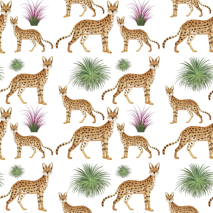 Gratis Vector naadloos patroon met caracal en natuurelementen op witte achtergrond