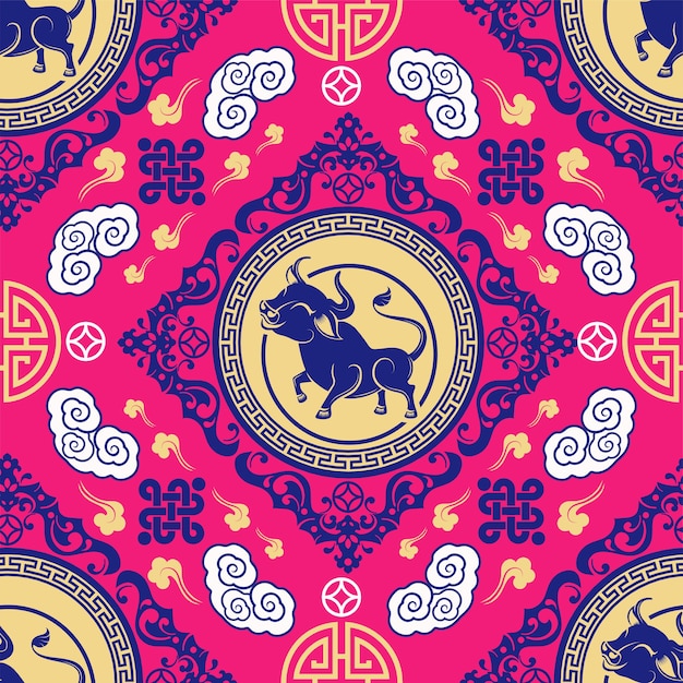 Gratis vector naadloos patroon met chinees nieuwjaar zodiac jaar van het os-teken met aziatische elementen