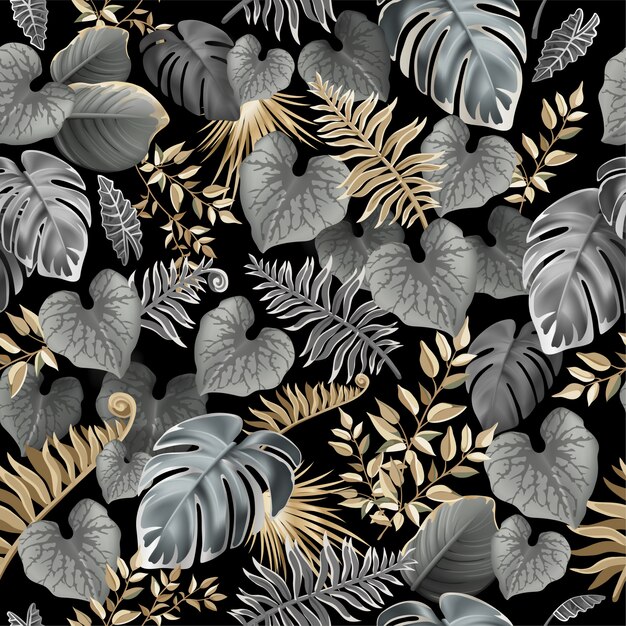 Naadloos patroon met donkere tropische bladeren.