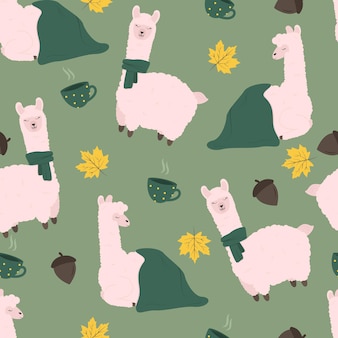 Naadloos patroon met lama alpaca herfstbladeren eikel en mok leuke kinderachtige vector