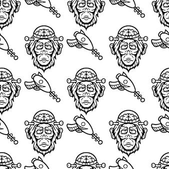 Naadloos patroon van chimpansee met beschermde hersenen en buitenaards pistool op witte achtergrond