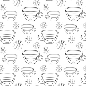 Naadloos patroon van sneeuwvlokken en beker in doodle-stijl lineaire vectorillustratie