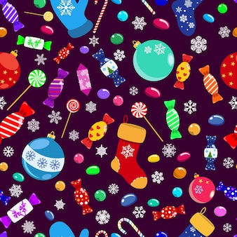 Naadloos patroon van snoepjes, lolly's, snoepjes, kerstballen en sokken
