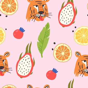 Naadloos tijgergezichtspatroon met exotisch fruit. wild cat predator oranje en zwart vector moderne vlakke stijl achtergrond