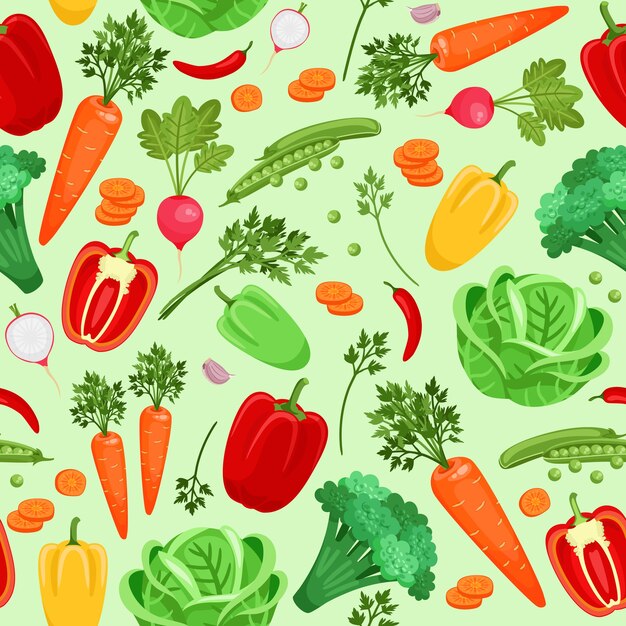 Naadloze achtergrond van groenten radijs, paprika, kool, wortelen, broccoli en erwten. Vector illustratie