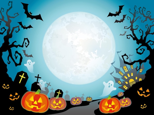 Gratis vector naadloze happy halloween vector landschap met de volle maan. horizontaal herhaalbaar.