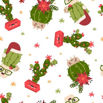 Naadloze patroon met kerst cactussen. vectorpatroon voor inpakpapier en scrapbooking