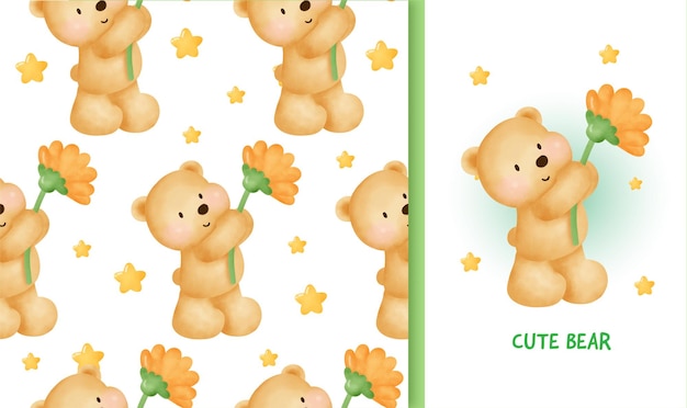 Naadloze patroon verjaardag wenskaart met schattige teddybeer met een zonnebloem.