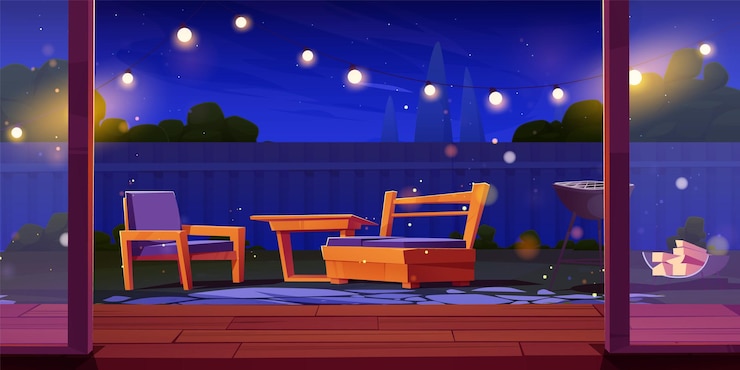 Gratis Vector nacht achtertuin met tuinmeubelen vector cartoon illustratie van huis patio met glazen deur houten tafel en fauteuils bbq-grill en stapel brandhout op grond slinger verlichting sterrenhemel